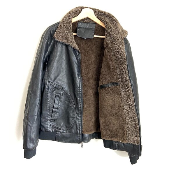 Men's (M) Black Faux Leather Jacket, Brown Plush Lining - Picture 2 of 7